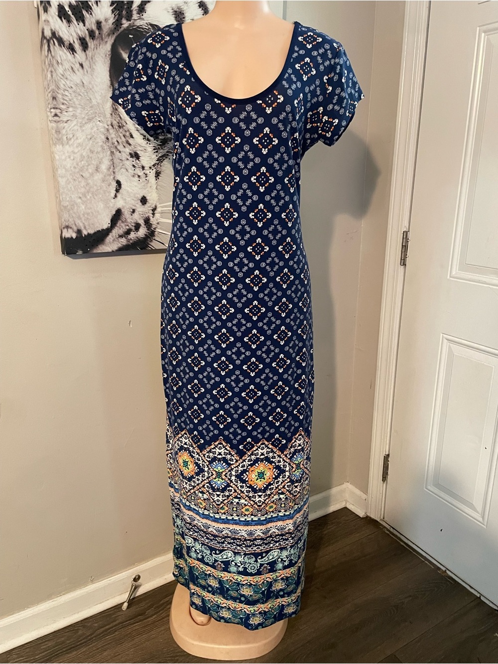 90s Derek Heart Women's Navy Patterned Maxi Dress geometric print Large comfy - Picture 1 of 8